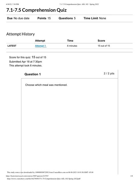 7.1-7.5 Comprehension Quiz: ASL 102 - Spring 2022 - SHS 101 American ...