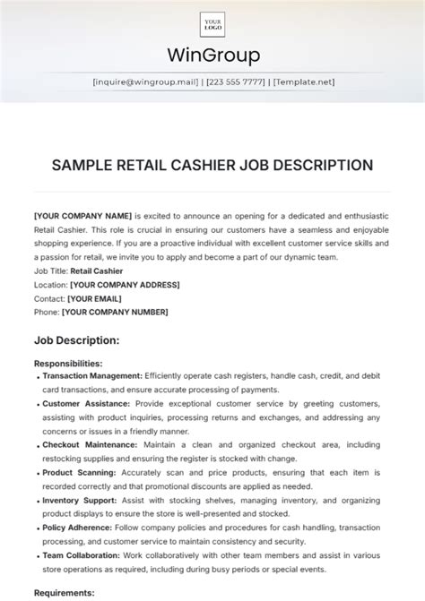Free Sample Retail Cashier Job Description Template to Edit Online