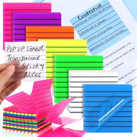 BABORUI 350 Sheets Pop Up Transparent Sticky Notes with Lines, 7 Pads Lined Translucent Sticky ...