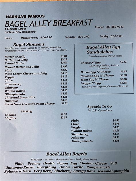 Menu at Bagel Alley restaurant, Nashua