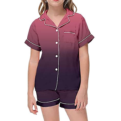 Kids Girls Pajamas Gradient Short Sleeve Button Down Nightwear with ...