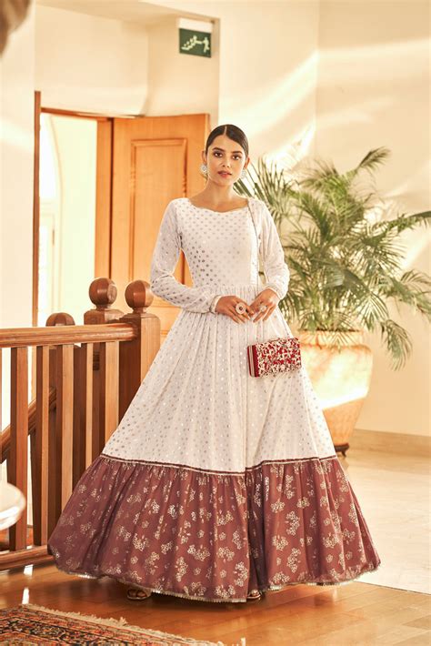 White & Brown Metallic Foilage Print Georgette Anarkali