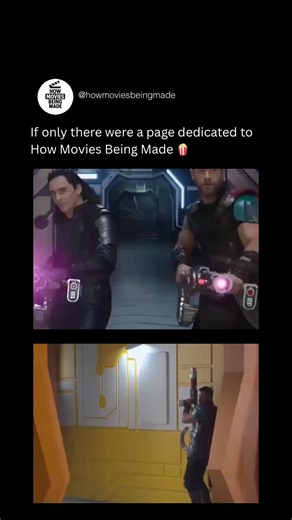 How Movies Being Made on Instagram: "In Thor Ragnarok, Thor and Loki fight side by side using futuristic blasters inside a sleek alien corridor. The scene feels explosive and high tech, with glowing weapons and fast movement selling the chaos. On screen, it looks like a massive sci fi set built entirely for this intense brother team up moment. Behind the scenes, the corridor was a practical set with simple props and stunt weapons. Muzzle flashes, energy beams, and sparks were added later with vi