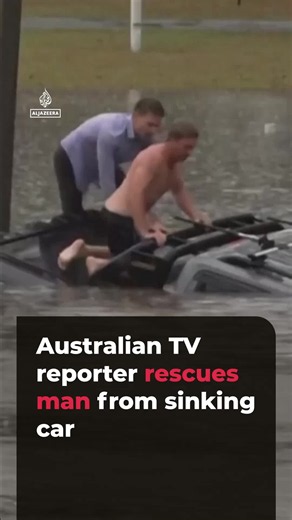An Australian television reporter and a bystander rescued a man from a car as it was engulfed by flood waters in Morayfield, Queensland. Will Murray, a journalist with Australia's public broadcaster ABC, was reporting on flooding when a man became trapped in a four-wheel drive.