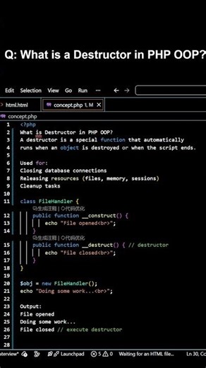 Destructor function | PHP OOP | #php #phpoops #phpcourse #webdevelopment #oop