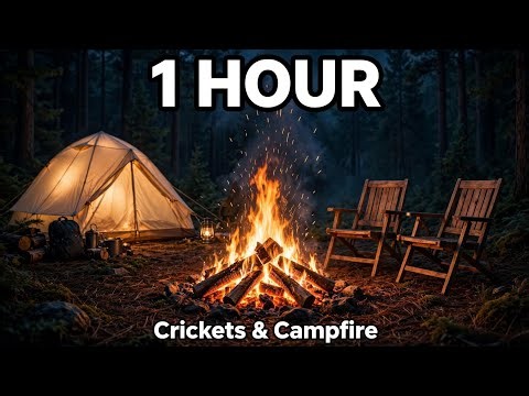Crickets & Campfire Sounds 1 Hour | Cozy Forest Camping at Night for Sleep
