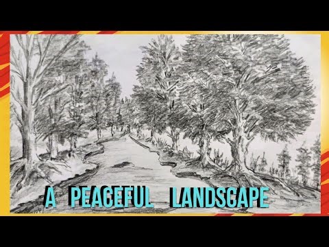 Easy One Point Perspective Landscape Drawing . Peaceful Trees on Rough Terrain (5B Pencil Tutorial)