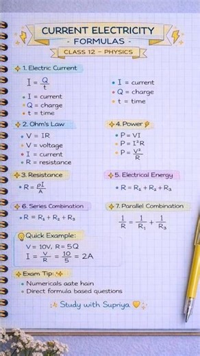 Class 12 Physics ⚡ | Current Electricity Formulas 💯🔥#physics #formulas #studywithsupriya #shorts