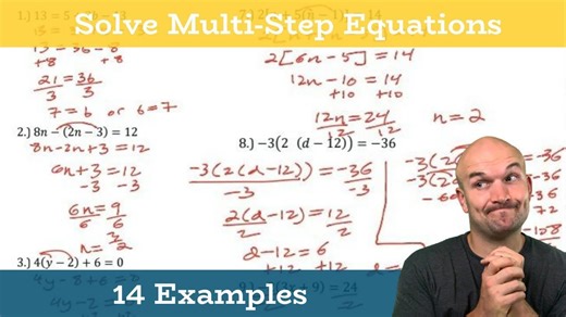Solve multi-step linear equations worksheet | 14 examples