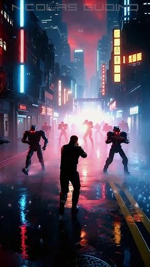 Sirens of patrols echo, stray projectiles rain 🔊 #GudinoAi #Cyberpunk #Shorts #AI #Robotic
