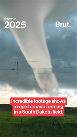 Incredible footage captured by storm chaser Ty Newcomb in June 2025 shows a rope tornado touching down in a South Dakota field. #Tornado #StormChaser #RopeTornado #Weather #Nature