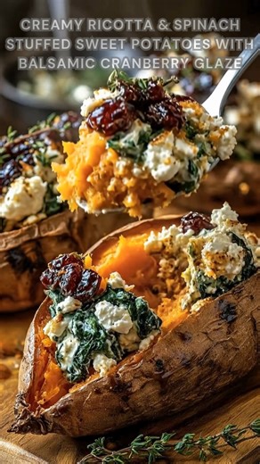 Sweet potatoes baked until tender. Sprinkle salt, garlic, spinach. Roast at 400°F for 50 minutes. Finished with creamy ricotta and a tangy balsamic cranberry glaze, these stuffed sweet potatoes are soft, savory, sweet, and luxuriously comforting. Ingredients ➤ 4 medium sweet potatoes ➤ 1 tbsp olive oil ➤ ½ tsp salt FULLL Recipe in First Cօʍʍеոτ 👇👇👇 | Nessy Recipes