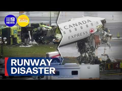 Pilots dead, dozens injured after Air Canada plane collides with fire truck | 9 News Australia