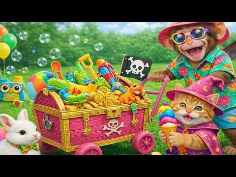 Monkey Dodo Finds a Magic Treasure Cart with Kitty and Bunny in the Park | DoDo Monkey Life