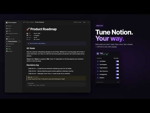 Tuner for Notion: Hide Notion's Sidebar, AI Button & Clutter in One Click