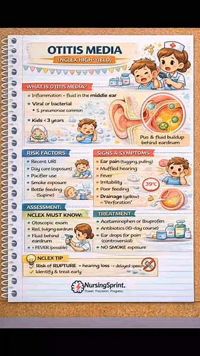 Nursing Sprint Prep on Instagram: "👂 Ear tugging in a toddler isn’t “just a phase.” For NCLEX, it often means otitis media — and you’re expected to know the risks, signs, and priorities. Untreated middle-ear infections can lead to rupture, hearing loss, and delayed speech. 🧠 NCLEX PRACTICE QUESTION Which assessment finding is most consistent with acute otitis media in a young child? A. Pain when pulling the pinna B. Red, bulging tympanic membrane C. Clear ear canal with itching D. Vertigo and 