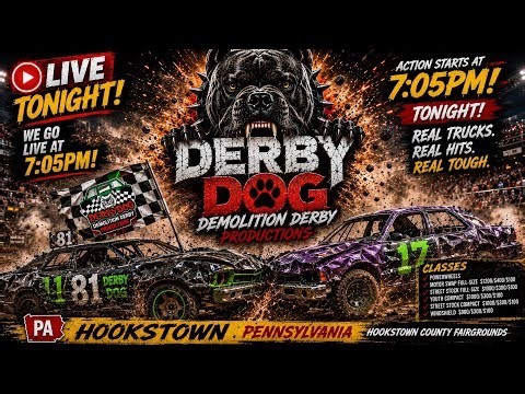 HOOKSTOWN FAIR DEMOLITION DERBY! 🐶🔥 DERBYDOG CARNAGE, BIG HITS & BENT METAL! 🏁🔥 LIVE TONIGHT!!!