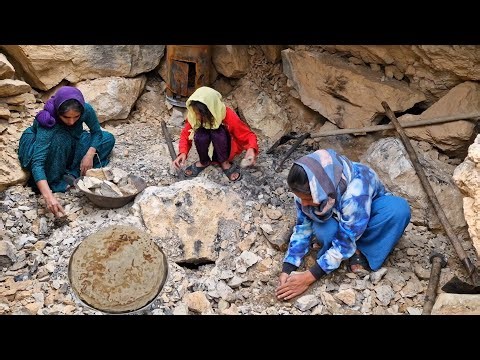 Baking Bread Over Fire by Iranian Nomadic Girls | Harsh Survival & Cave Rebuilding