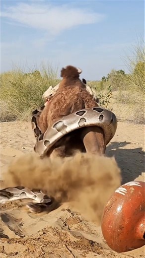 A dangerous python snake attacked a camel that was sitting on the sand.
