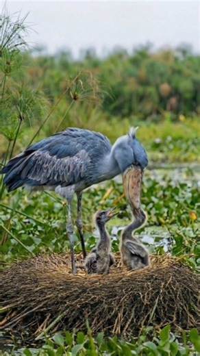 🌿 When a Giant Bird Becomes the Softest Mom ❤️ | Shoebill Care 💕 The shoebill is a large, prehistoric-looking wading bird from East African swamps, known for its massive, shoe-shaped bill and statue-like hunting stance, where it waits for prey like lungfish before lunging forward to catch them. Also called the whale-headed stork, it is a solitary, vulnerable species that uses its bill to catch fish, snakes, and even young crocodiles, and communicates with bill-clattering. Scientific name Balae