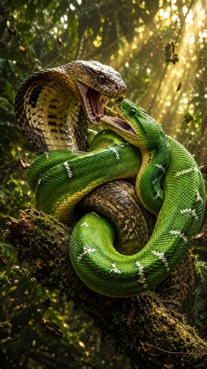 🐍 King Cobra vs Green Tree Python | Epic Snake Battle in the Rainforest | #SnakeBattle #SnakeVsSnake