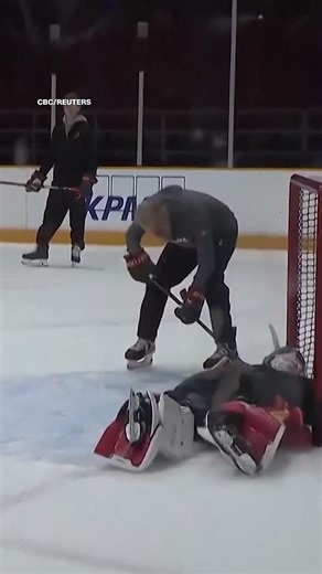 Canada PM Mark Carney and Finland President Stubb play ice hockey
