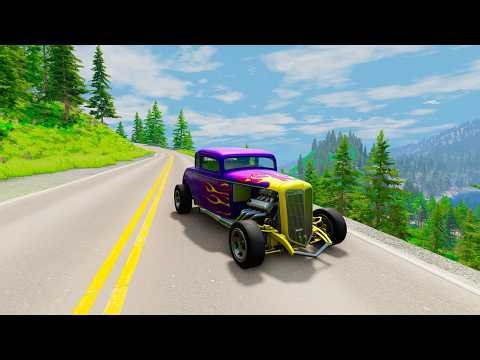 BeamNG Drive Mountain Crash! Purple Flame Car Goes Off Cliff | Extreme Crashes | Beam Crash Nation
