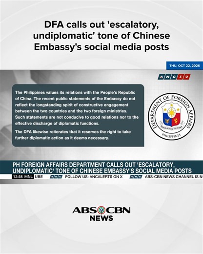 DFA calls out 'escalatory, undiplomatic' tone of Chinese Embassy's social media posts #ANCHeadlines