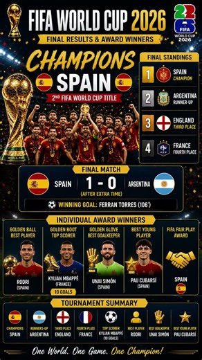 🏆 FIFA World Cup 2026 Final Results | Spain Crowned Champions 🇪🇸 | Award Winners & Final Standings
