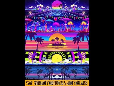 Widescreen Summer Retro VJ Loop 🌴 Neon Coconut Trees & Cartoon Flowers | Tropical Stage Visuals 🌊
