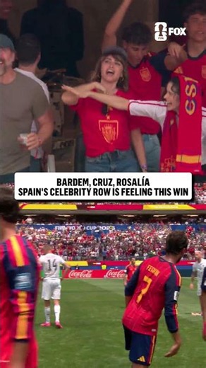 Javier Bardem, Penélope Cruz, and Rosalía celebrating after Spain's Knockout Stage win 🇪🇸