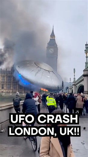Imagine this — a quiet morning in London turns into pure disbelief. Two unidentified objects crash within minutes of each other, both near Westminster. The first — a massive metallic UFO saucer, its curved silver body cracked open and glowing faintly blue from the seams — slammed into Parliament Square, right beside Big Ben. The second, slightly smaller and darker in tone, struck closer to the Thames, half-buried in smoke and debris. People ran across Westminster Bridge in chaos, shouting, filmi