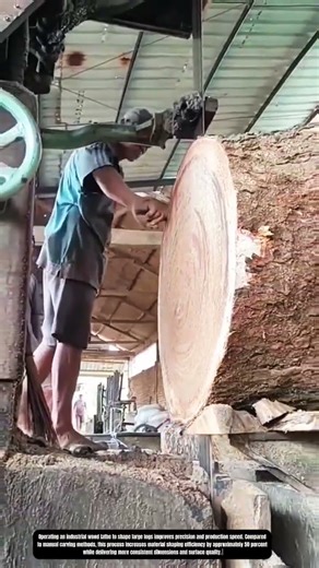 Operating an Industrial Wood Lathe While Shaping a Large Log Inside a Workshop