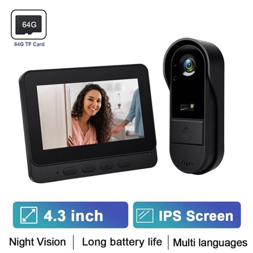 WiFi video-ovikello - 10,9 cm näyttö - Langaton - Ulkokäyttöön - Ladattava - Yönäkö - Video-ovipuhelin - 64 Gt SD-muistikortilla | CDON