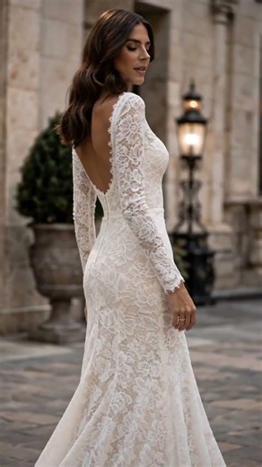 Elegant Lace Wedding Dress | Long Sleeve Bateau Neck Bridal Gown