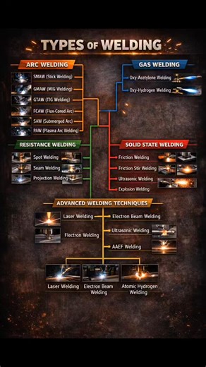Welding is not just one process—it’s a family of techniques. This visual explains the complete types of welding with their branches, including Arc, Gas, Resistance, and Solid State welding. Visit weldfabworld.com A must-know guide for beginners and professionals in welding & fabrication. Hashtags: #weldingknowledge #weldingprocess #weldingchart #engineeringeducation #mechanical #fabricationworld #industrialtraining #weldingbasics #learnwelding | Welding Fabrication World