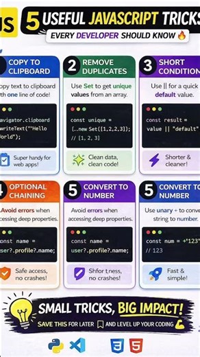 5 JavaScript Tricks That Make You Look Like a Pro 😎⚡ #javascript#frontenddev#codinghacks#webdevtips