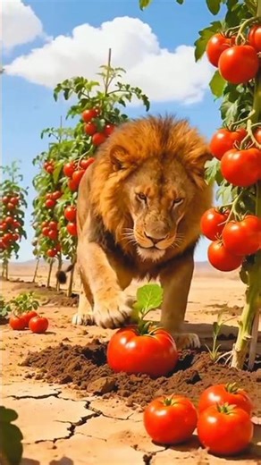 The lion saved the tomato plant from drying up by watering it 😭#ai #tree #save #water