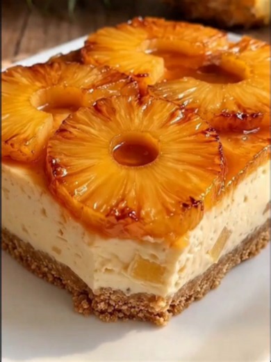 Pineapple Upside-Down Cheesecake Bars Ingredients: For the Topping: 1/2 cup unsalted butter, melted 2/3 cup brown sugar, packed 10-12 pineapple slices (canned or fresh) Maraschino cherries For the Cheesecake Filling: 2 (8 oz) packages cream cheese, softened 1 cup granulated sugar 2 large eggs 1 teaspoon vanilla extract For the Crust: 2 cups graham cracker crumbs 1/4 cup granulated sugar 1/2 cup unsalted butter, melted Directions: Prepare the Crust: Preheat your oven to 325°F (163°C). Line a 9x13