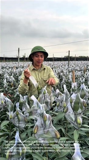 Lily Field Protection: Farmer Secures Buds with Mesh Bags