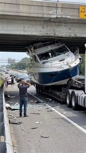 Massive Yacht CRASHES Into Low Bridge 😱Driver Didn’t See This Coming#yachtcrash #truckfail #shocking