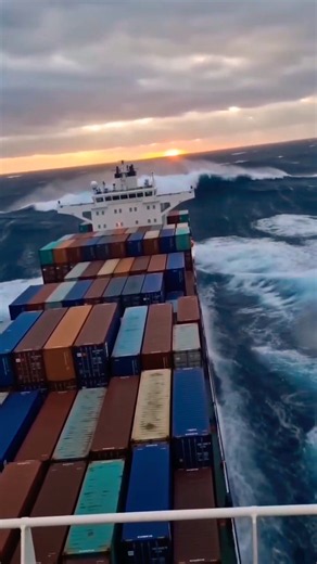 Rough Seas at Sunset: A Loaded Container Ship Fights to Stay Steady! 🌊 #Shorts