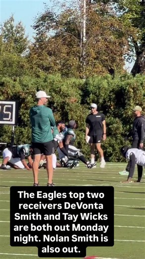 The Eagles top two receivers DeVonta Smith and Tay Wicks are both out Monday night. Nolan Smith is also out. Dallas Goedert and Drew Kendall are back Monday night. Saquon Barkley is questionable but hopes to return OUT – DB Michael Carter (abdomen), WR DeVonta Smith (hamstring), OLB Nolan Smith (concussion), WR Dontayvion Wicks (ankle) QUESTIONABLE – RB Saquon Barkley (hamstring), CB Jakorian Bennett (knee), TE Grant Calcaterra (back), G Landon Dickerson (knee/pectoral), OLB Jonathan Greenard (a