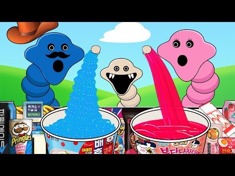 Hungry Worm Family (+OWL )| Hungry Worm Family Convenience Store Blue Pink Mukbang | Animation