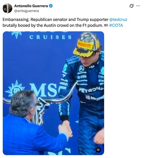 Crowd Boos Ted Cruz at Formula 1 Event in Austin