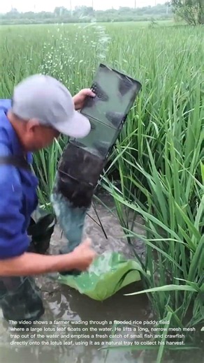 Traditional Paddy Fishing: Farmer Emptying Mesh Trap Fish and Crawfish onto Lotus Leaf
