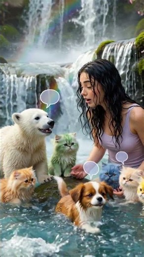 Magical Waterfall Swim with Cute Animals! 🐼🐧🌈😍