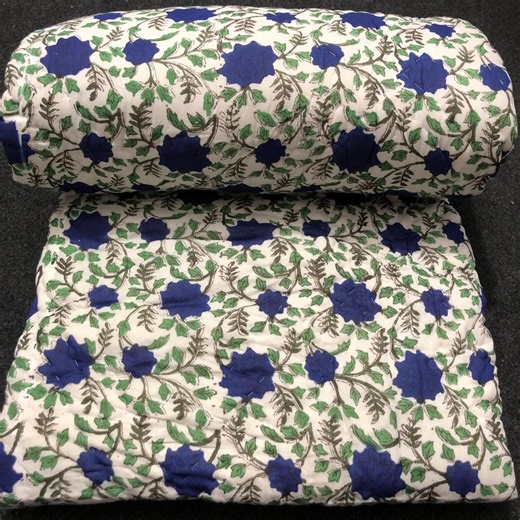 Floral Cotton Quilt Comforter, Reversible Blue Chevron Blanket, Handmade Soft Cozy Bedding Indian Razai - Etsy