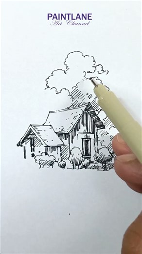 Pen Drawing Trees and Houses #shorts #art #pen line art