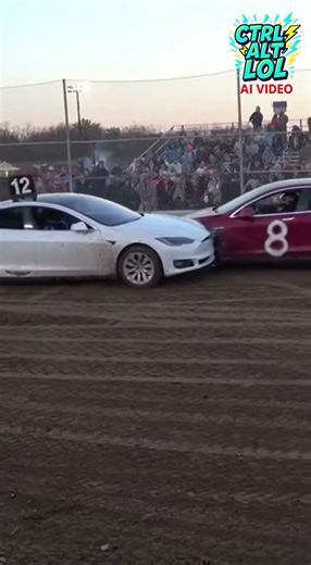 Electric Demolition Derby Erupts in Flames After Tesla Battery Packs Rupture on Impact Reno, Nevada What began as a high-energy showcase of electric-vehicle carnage turned into a dangerous spectacle when two Teslas collided hard enough to trigger a violent battery fire — a moment captured in shocking arena footage. The video opens on a dirt-filled demolition derby arena, where electric vehicles smash and slide across the track with the distinctive high-pitched whine of EV motors. Dust clouds ris
